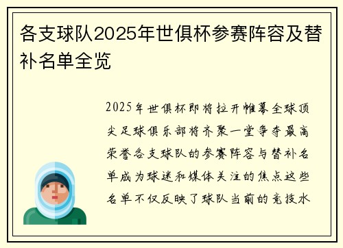 各支球队2025年世俱杯参赛阵容及替补名单全览